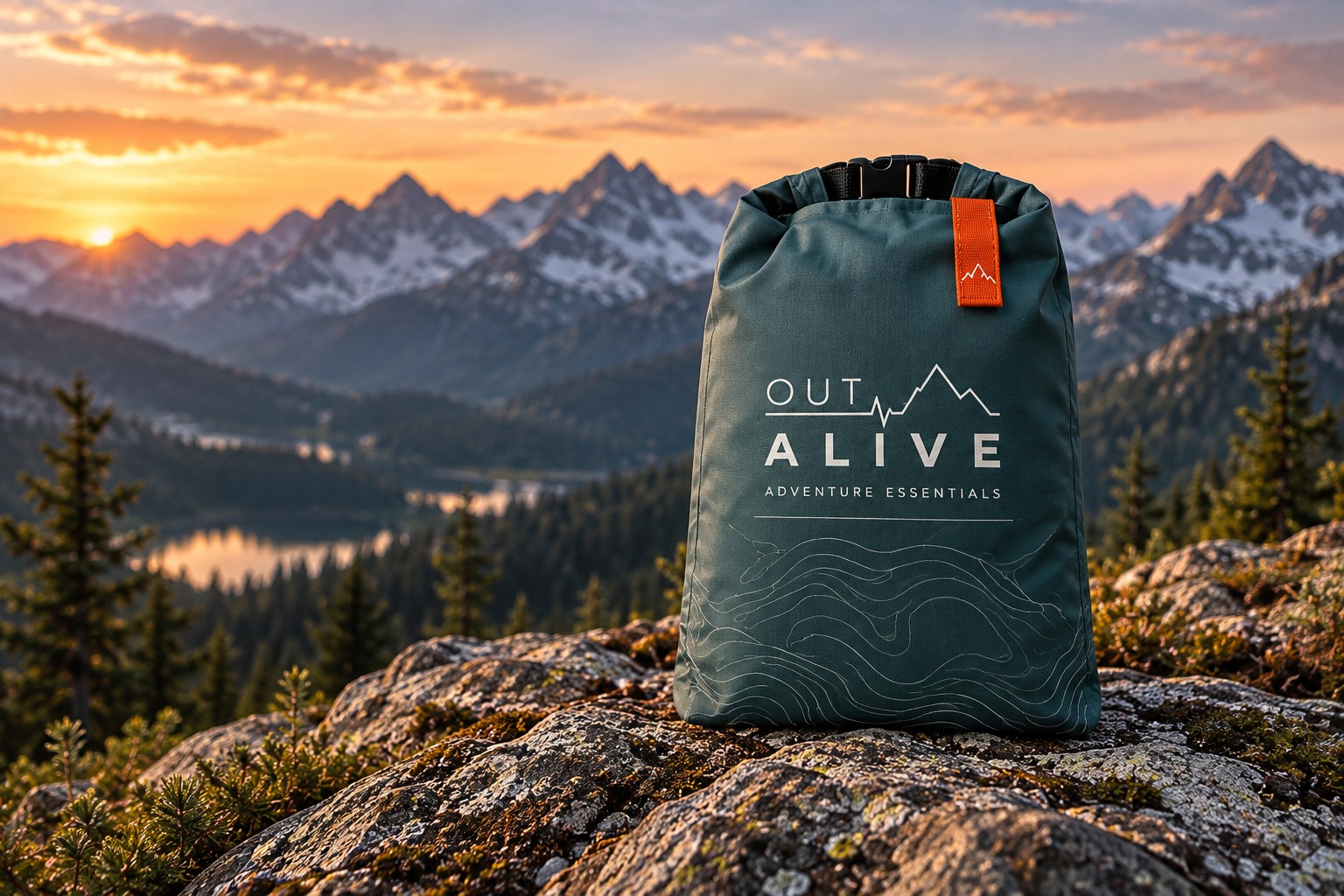 Out Alive rolltop kit concept on a rocky overlook with alpine mountains at sunset